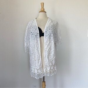 Solid White Embroidered Floral Cut Out Fringe Hem Italian Swimsuit Cover